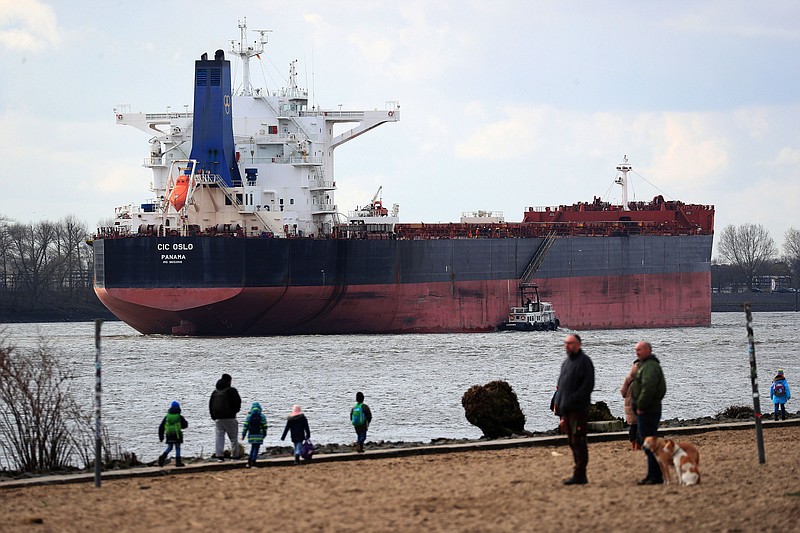 Bulk carrier CIC Oslo, operated by Golden Union Shipping, sails into the port of Hamburg in Hamburg, Germany, on March 3, 2020. (Bloomberg photo by Krisztian Bocsi)