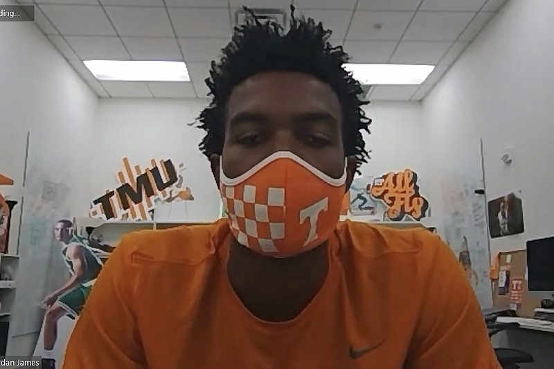 This image taken from video shows Tennessee sophomore basketball player Josiah-Jordan James Friday. The Big Ten decision to wipe more than three dozen nonconference football games off the schedule this year has sent a ripple of fear through athletic departments across much of the country. - Photo by Teresa Walker of The Associated Press via Zoom