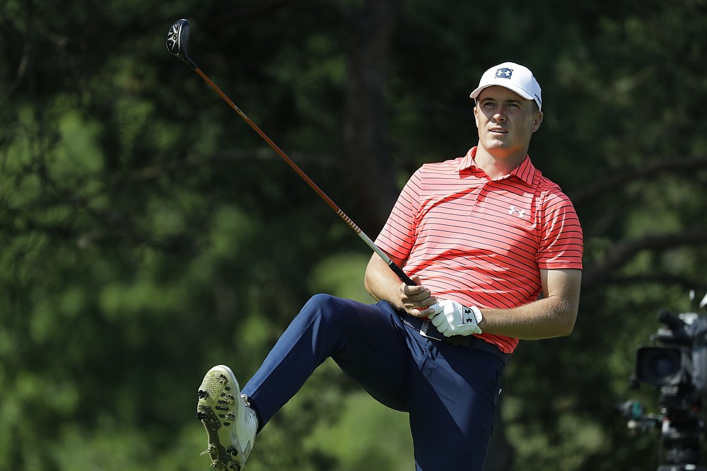 Jordan Spieth reacts to his drive on the second hole during the second round of the Workday Charity Open golf tournament, Friday, July 10, 2020, in Dublin, Ohio. (AP Photo/Darron Cummings)