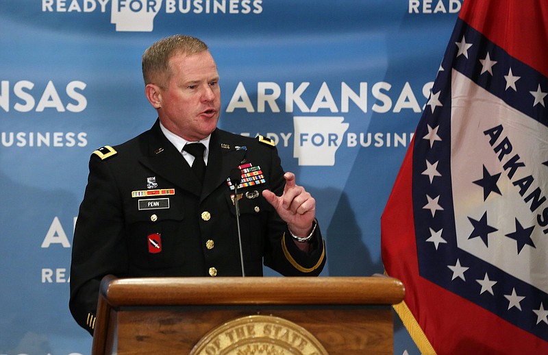 Maj. Gen. Kendall Penn, Adjutant General of the Arkansas National Guard explains why the upcoming National Guard training has been cancelled during the daily covid-19 briefing on Wednesday, July 1, 2020, at the state Capitol in Little Rock. 
See more photos at www.arkansasonline.com/72briefing/
(Arkansas Democrat-Gazette/Thomas Metthe)