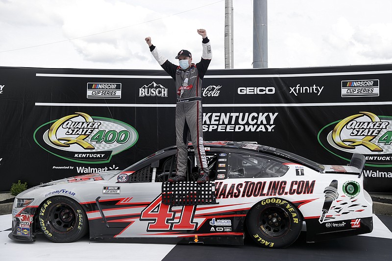 Cole Custer (41) celebrates after winning a NASCAR Cup Series race Sunday in Sparta, Ky. Custer was the first rookie winner in the NASCAR Cup Series in nearly four years. - Photo by Mark Humphrey of The Associated Press