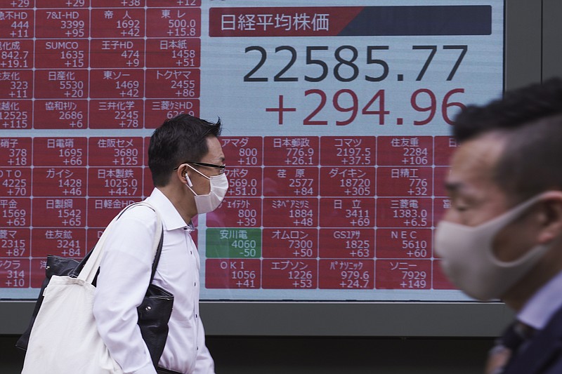 Men wearing a face mask to help curb the spread of the coronavirus walk in front of an electronic stock board showing Japan's Nikkei 225 index at a securities firm in Tokyo Monday, July 13, 2020. Asian shares rose Monday, cheered by recent upbeat projections on a global rebound tempered with worries about disappointment that could follow.(AP Photo/Eugene Hoshiko)