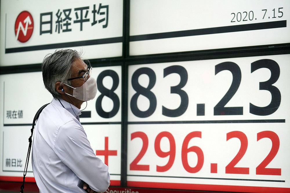 A man looks at an electronic stock board showing Japan's Nikkei 225 index at a securities firm in Tokyo Wednesday, July 15, 2020. Shares were mostly higher in Asia on Wednesday as investors were encouraged by news that an experimental COVID-19 vaccine under development by Moderna and the U.S. National Institutes of Health revved up people’s immune systems just as desired. (AP Photo/Eugene Hoshiko)