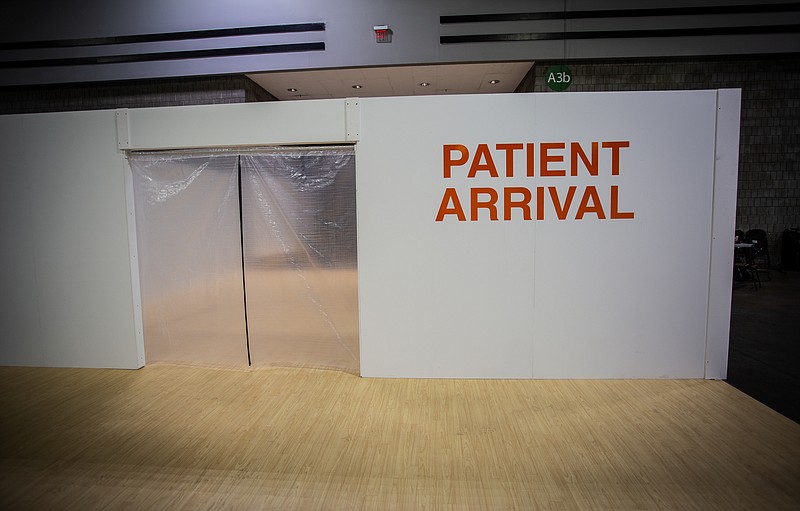 The patient arrival area at a temporary hospital is viewed at the Georgia World Congress Center on Thursday, April 16, 2020, in Atlanta. Georgia Gov. Brian Kemp took part in a tour of the 200-bed facility, constructed quickly to deal with COVID-19 patients in the lower levels of the center which normally plays host to large conventions and sporting events. (AP Photo/Ron Harris, Pool)