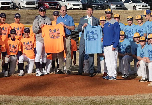 Community representatives join with the Hanamaki Higashi and Lakeside baseball teams in a jersey ceremony at Lakeside in December 2019. - File photo by The Sentinel-Record