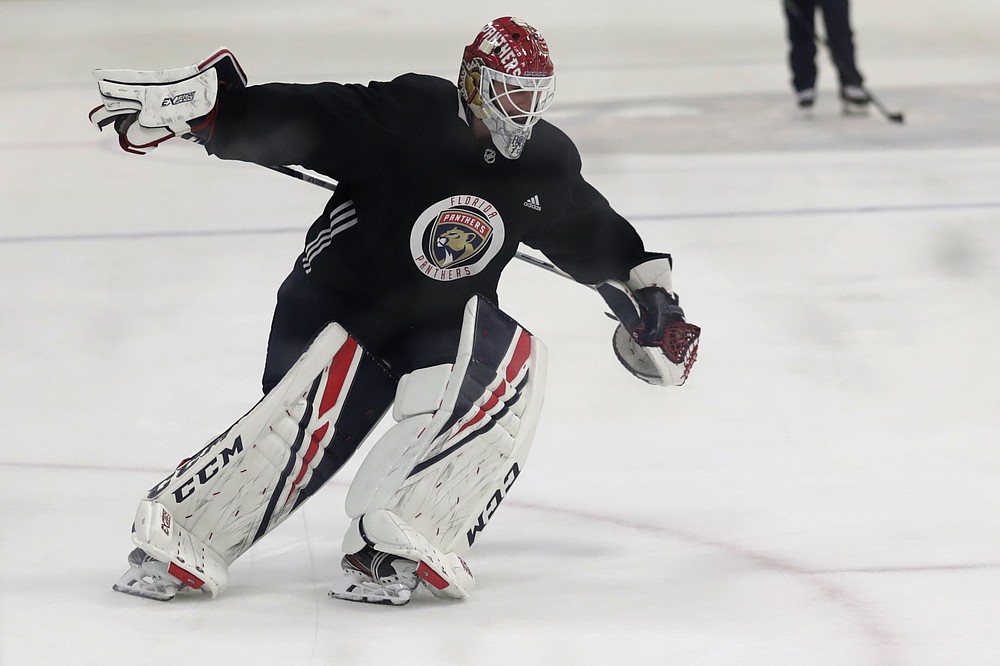 Florida Panthers goaltender Sergei Bobrovsky skates during NHL hockey practice, Friday, July 17, 2020, in Coral Springs, Fla. (AP Photo/Lynne Sladky)