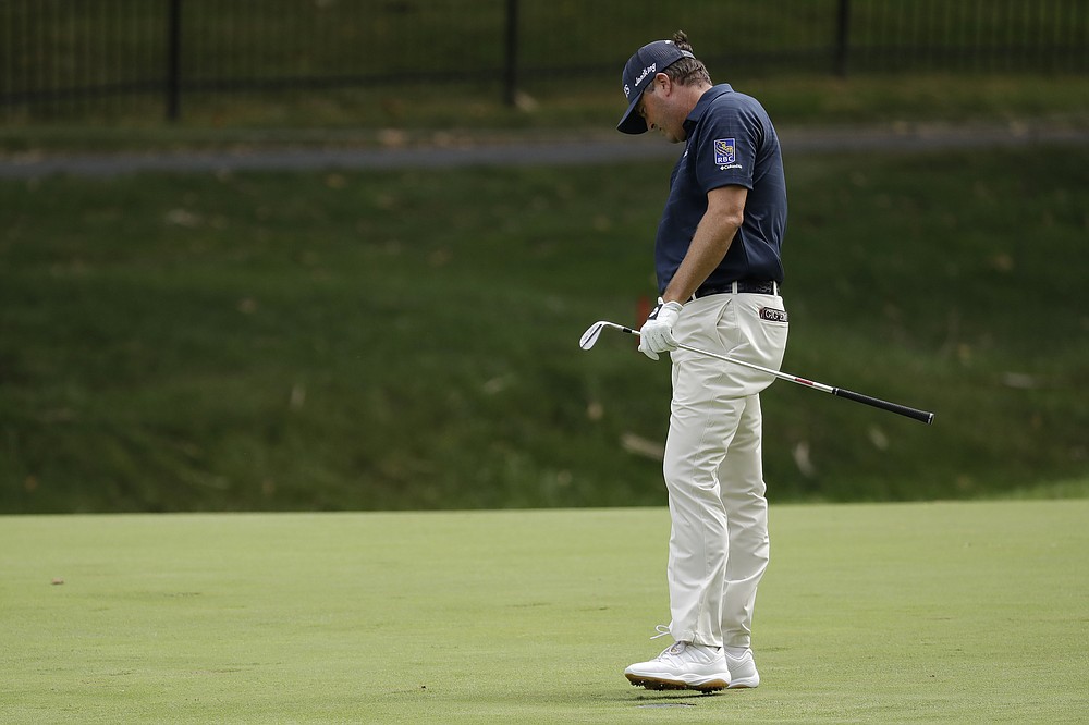 Ryan Palmer reacts to a shot on the second fairway during the final round of the Memorial golf tournament, Sunday, July 19, 2020, in Dublin, Ohio. (AP Photo/Darron Cummings)