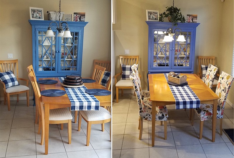 Kitchen chairs before (left) and after (right) show how stretch-to-fit slipcovers are an inexpensive way to bring a seasonal update to an eating area. Courtesy Cindy Vees.