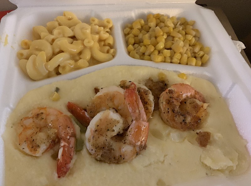Shrimp and grits with mac and cheese and corn comprised a recent lunch special from Homer's West.
(Arkansas Democrat-Gazette/Eric E. Harrison)