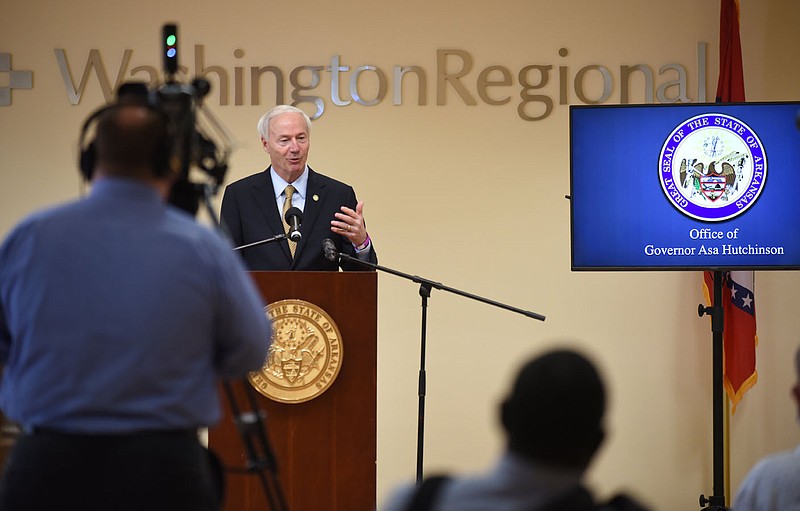 Gov. Asa Hutchinson speaks Wednesday, July 22, 2020, during his daily covid-19 briefing at the Center for Exercise on the campus of Washington Regional Medical Center in Fayetteville. Check out nwaonline.com/200723Daily/ and nwadg.com/photos for a photo gallery.
(NWA Democrat-Gazette/David Gottschalk)

adgycorona20200723