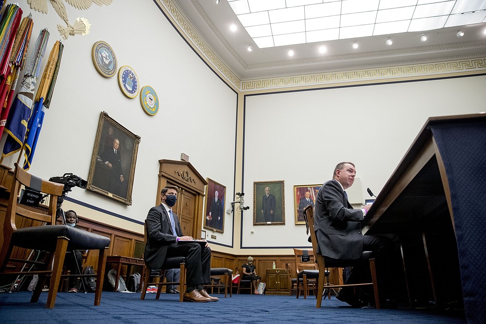 Federal Emergency Management Agency Administrator Peter Gaynor, right, testifies before a House Committee on Homeland Security meeting on Capitol Hill in Washington, Wednesday, July 22, 2020, on the national response to the coronavirus pandemic. (AP Photo/Andrew Harnik, Pool)