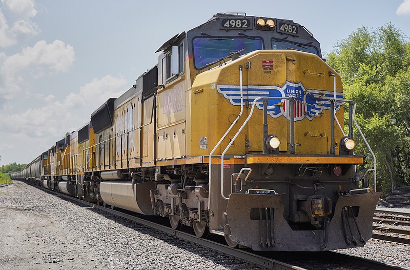 FILE - In this July 31, 2018, file photo a Union Pacific train travels through Union, Neb. 
(AP Photo/Nati Harnik, File)