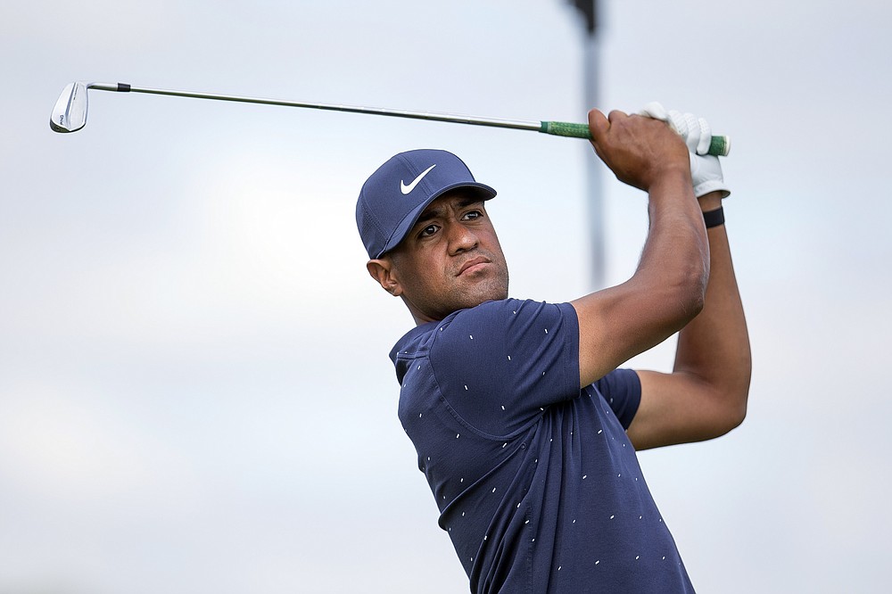 Tony Finau tees off on the fourth hole during the first round of the 3M Open golf tournament in Blaine, Minn., Thursday, July 23, 2020. (AP Photo/Andy Clayton- King)