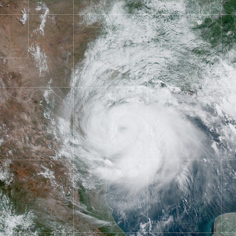 This Saturday, July 25, 2020 satellite image made available by the National Oceanic and Atmospheric Administration shows Hurricane Hanna approaching Texas at 10:20 CDT. (NOAA via AP)