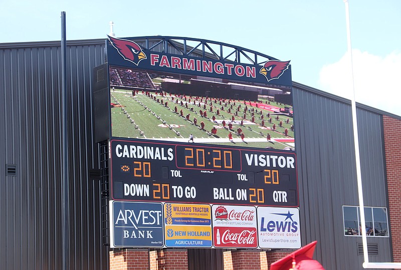 Farmington's 2020 graduation ceremony was live streamed and also shown on the stadium's screen for all to see. The scoreboard also was set in honor of the Class of 2020 with the timeclock set at 20:20, the score at 20 to 20 with 20 downs to go and the ball on the 20-yard line.