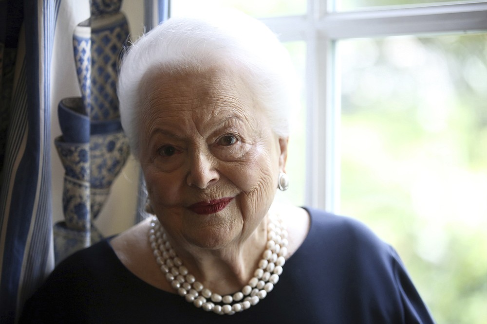 FILE - In this June 18, 2016, file photo, U.S. actress Olivia de Havilland poses during an Associated Press interview, in Paris. Olivia de Havilland, Oscar-winning actress has died, aged 104 in Paris,  publicist says Sunday July 26, 2020. (AP Photo/Thibault Camus, File)
