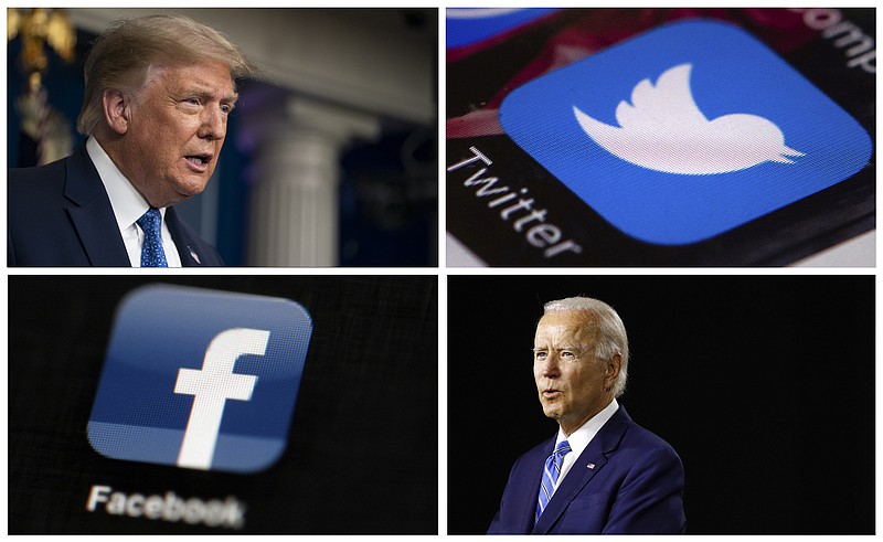 This photo combo of images shows, clockwise, from upper left: President Donald Trump speaking during a news conference at the White House on July 22, 2020, in Washington, the Twitter app, Democratic presidential candidate, former Vice President Joe Biden speaking during a campaign event on July 14, 2020, in Wilmington, Del., and the Facebook app. With just 100 days to go until Election Day, President Donald Trump and his Democratic rival Joe Biden aren't just attacking one another in online ads. Their ads are also targeting tech companies like Facebook and Twitter. (AP Photo)