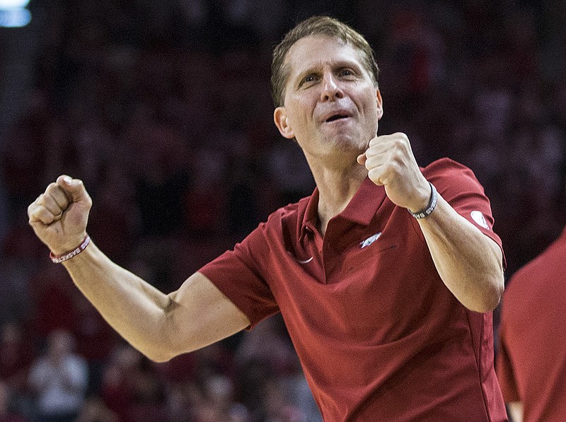 Arkansas head coach Eric Musselman reacts in the second half of a Dec. 14, 2019, game against Tulsa at Bud Walton Arena in Fayetteville. - Photo by Ben Goff of NWA Democrat-Gazette