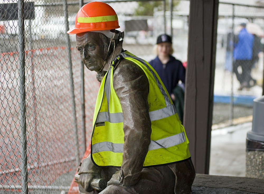 FILE - In this file photo taken Feb. 1, 2013, the bronze statue of 19th century Russian America Governor Alexander Baranov sports a hard hat and a reflective vest, after being moved from its original site in front of Centennial Hall in Sitka, Alaska. Far away from Confederate memorials, Alaska residents have joined the movement to eliminate statues of colonialists accused of abusing and exploiting Indigenous people. The effort has already resulted in the statue of Baranov being taken out of public view in the city. (James Poulson/Daily Sitka Sentinel via AP, File)