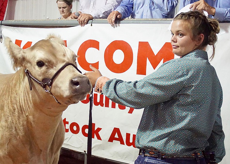 Westside Eagle Observer/RANDY MOLL
Kassandra Tajchman, Gravette Gleamers 4-H, shows her animal during the 2019 junior premium livestock auction at the Benton County Fair.