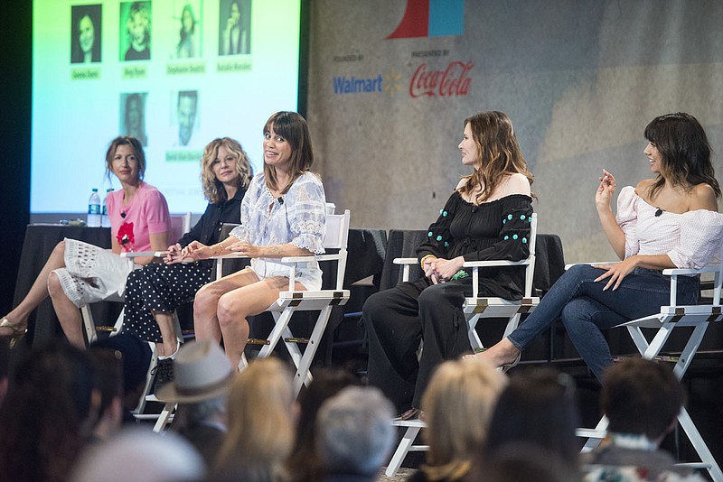 NWA Democrat-Gazette/BEN GOFF @NWABENGOFF
Alysia Reiner (from left), Meg Ryan, Natalie Morales, Geena Davis and Stephanie Beatriz take part in the panel Saturday, May 5, 2018, during the Bentonville Film Festival 'Geena & Friends' panel at Record in downtown Bentonville. The popular portion of the festival reverses gender roles as female panelists read scenes from popular films will mostly male casts.