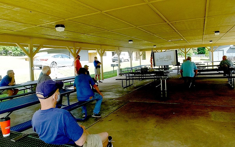 Lynn Atkins/The Weekly Vista
Flytyers listen to a video presentation by Susan Young of the Shiloh Museum about the old Butterfield Stage Coach route.