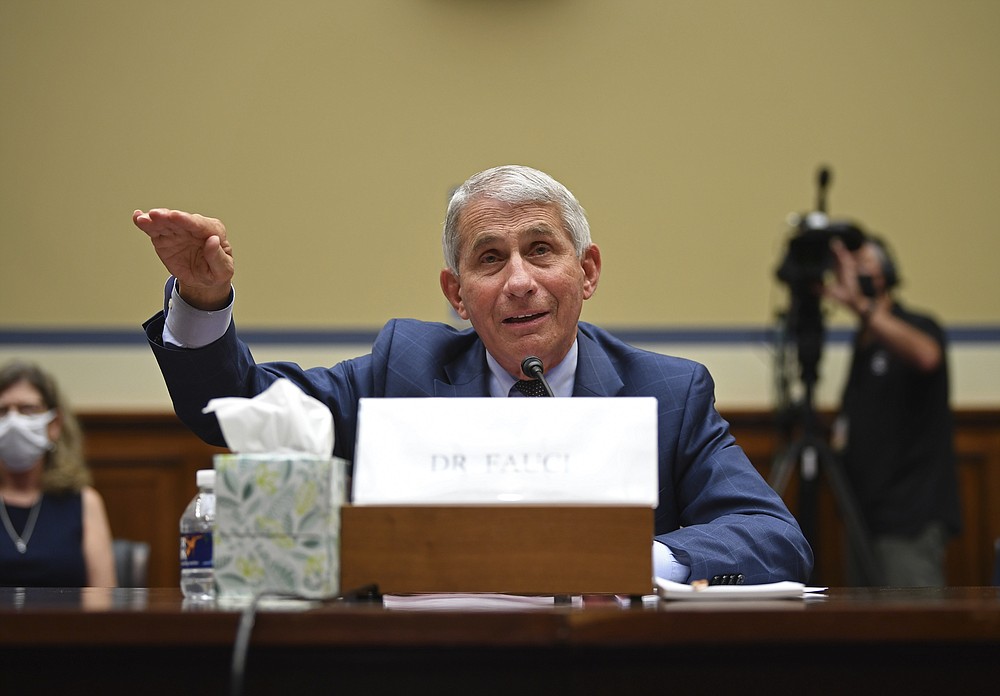 Dr. Anthony Fauci, director of the National Institute for Allergy and Infectious Diseases, testifies during a House Subcommittee hearing on the Coronavirus crisis, Friday, July 31, 2020 on Capitol Hill in Washington. (Kevin Dietsch/Pool via AP)