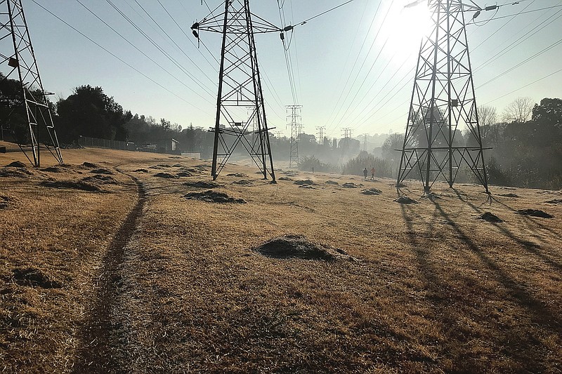 In this June 20, 2020, photo, a popular running trail in Johannesburg, South Africa, is frosty on a mid-winter morning. For weeks, South Africa’s strict lockdown banned outdoor exercise and left people jogging up and down their driveways. (AP Photo/Cara Anna) story.lead_photo.caption