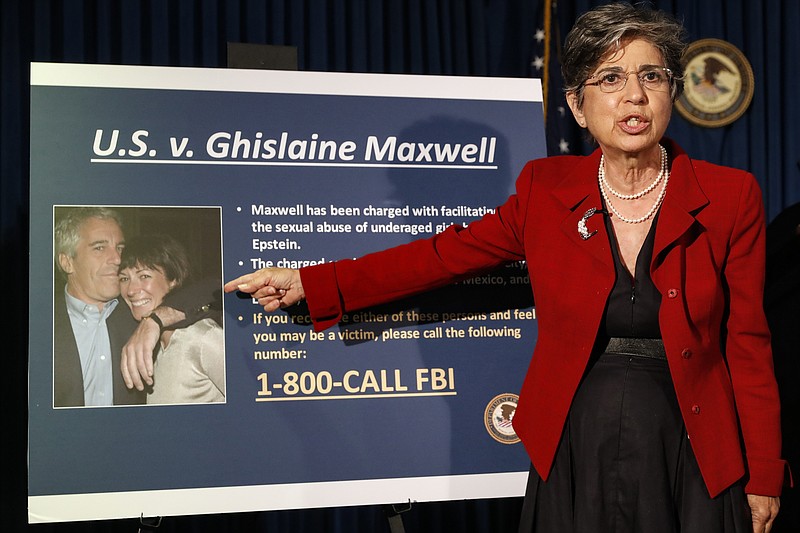 FILE- In this July 2, 2020 file photo, Audrey Strauss, Acting United States Attorney for the Southern District of New York, speaks during a news conference in New York, to announce charges against Ghislaine Maxwell for her alleged role in the sexual exploitation and abuse of multiple minor girls by Jeffrey Epstein. The judge presiding over the criminal case against Maxwell said Friday that her attorneys are not permitted to publicly identify accusers even if they've spoken in a public forum. (AP Photo/John Minchillo, File)