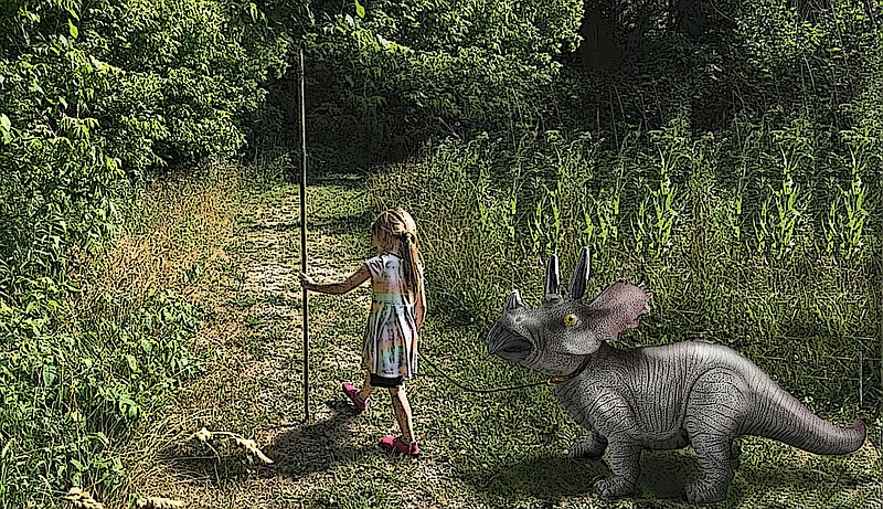 A girl takes her triceratops for a walk. (Arkansas Democrat-Gazette/Celia Storey)