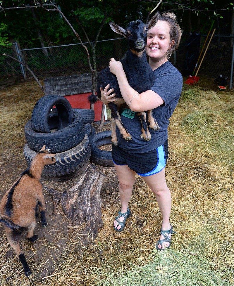 Abbey Allen holds her goats, Professor, (top) and Dilly Friday, July 31, 2020, at her home on Olive Avenue in Fayetteville. A newly proposed ordinance would allow for goats in the city limits on less land than previously required. Visit nwaonline.com/200803Daily/ for today's photo gallery.
(NWA Democrat-Gazette/Andy Shupe)