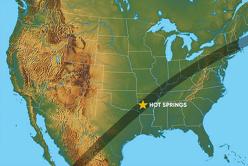 This graphic, courtesy of Visit Hot Springs, pinpoints Hot Springs as being in the path of totality for the 2024 solar eclipse. - Submitted photo