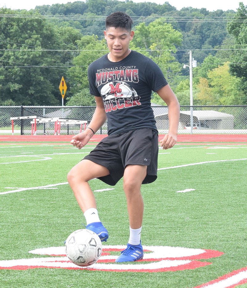 RICK PECK/SPECIAL TO MCDONALD COUNTY PRESS Julis Quetzecua makes a pass during a drill at last week's soccer camp at McDonald County High School.