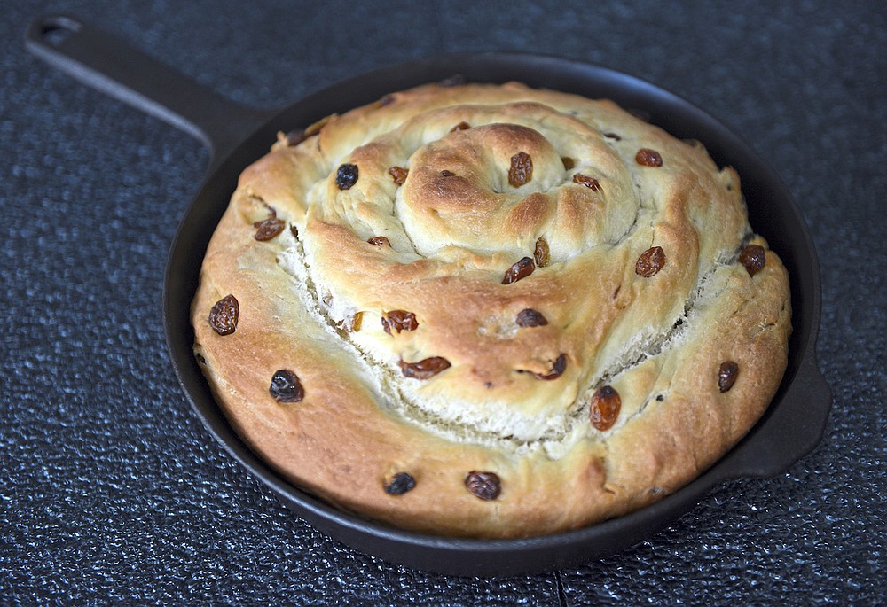 This Potato-Raisin Bread Spiral, made in a cast-iron skillet, is a nod to the old Irish fruit pan breads. The potato keeps the bread moist and flavorful for days and raisins add a natural sweetness. (TNS/Pittsburgh Post-Gazette/Lucy Schaly)
