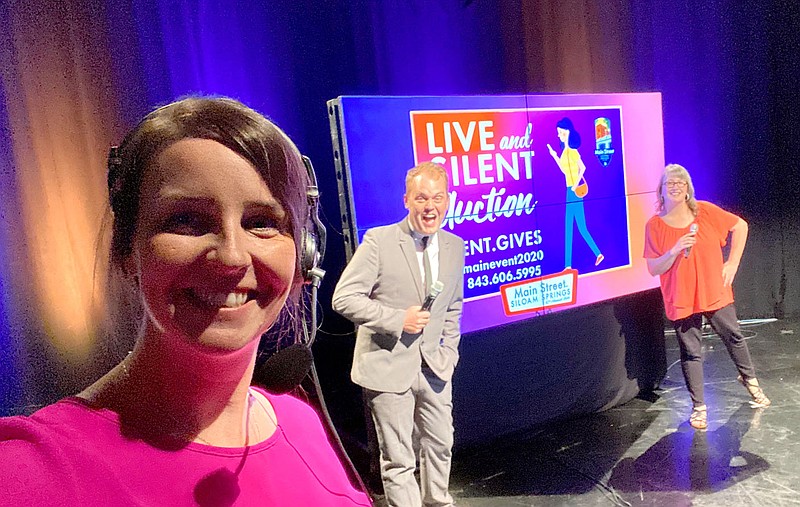 Photo submitted
Abby Trinidad (left), events and marketing coordinator for Main Street Siloam Springs, takes a behind the scenes selfie with emcee Tyler Carroll and Stacy Morris, Main Street Siloam Springs executive director, during the virtual Main Event on July 24.