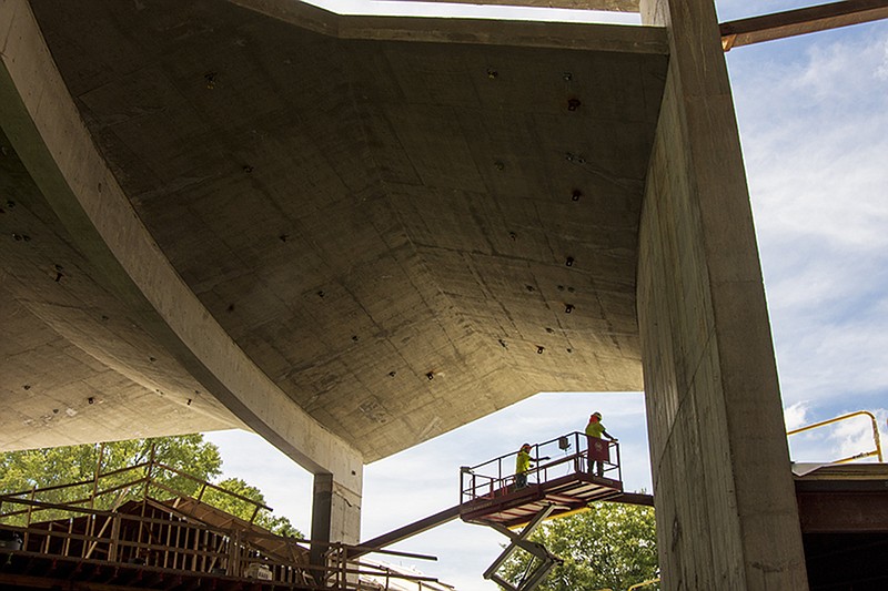 A concrete section over the south entrance is part of the swirled roof line that crosses the top of the new Arkansas Arts Center, now under construction in MacArthur Park. (Arkansas Democrat-Gazette/Cary Jenkins)