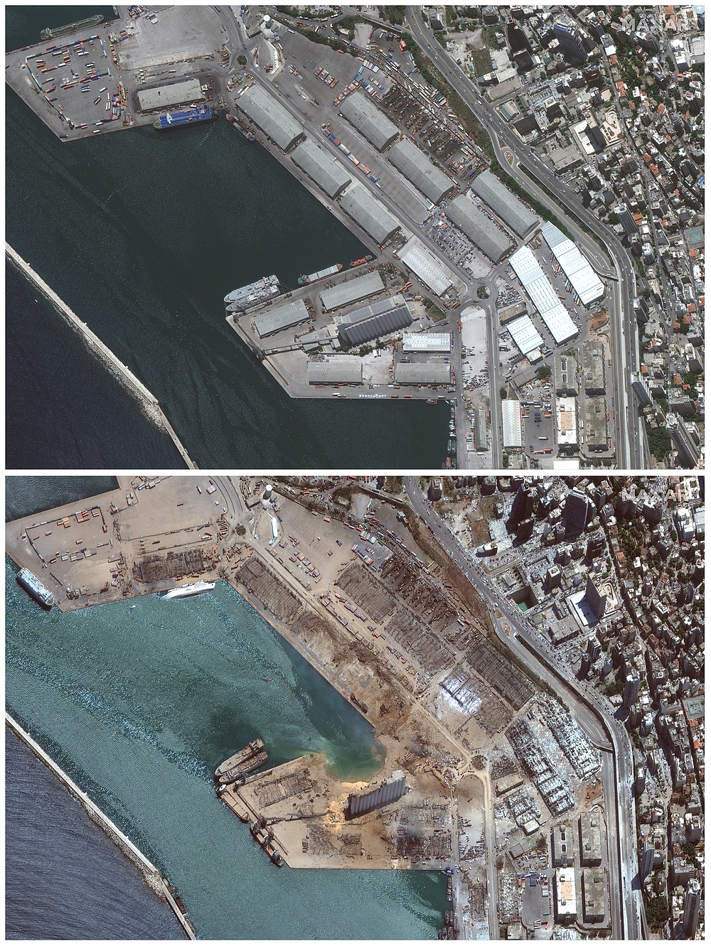 This combination of satellite images provided by Maxar Technologies shows the port of Beirut and the surrounding area in Lebanon, top, on June 9, 2020, and the same area on Wednesday, Aug. 5, 2020, the day after a massive explosion that left entire city blocks blanketed with glass and rubble. (©2020 Maxar Technologies via AP)