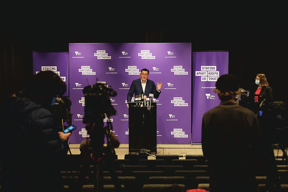 Premier of Victoria Daniel Andrews speaks during a news conference in Melbourne, Australia, Wednesday, Aug. 5, 2020. Victoria state, Australia's coronavirus hot spot, announced on Monday that businesses will be closed and scaled down in a bid to curb the spread of the virus. (AP Photo/Asanka Brendon Ratnayake)