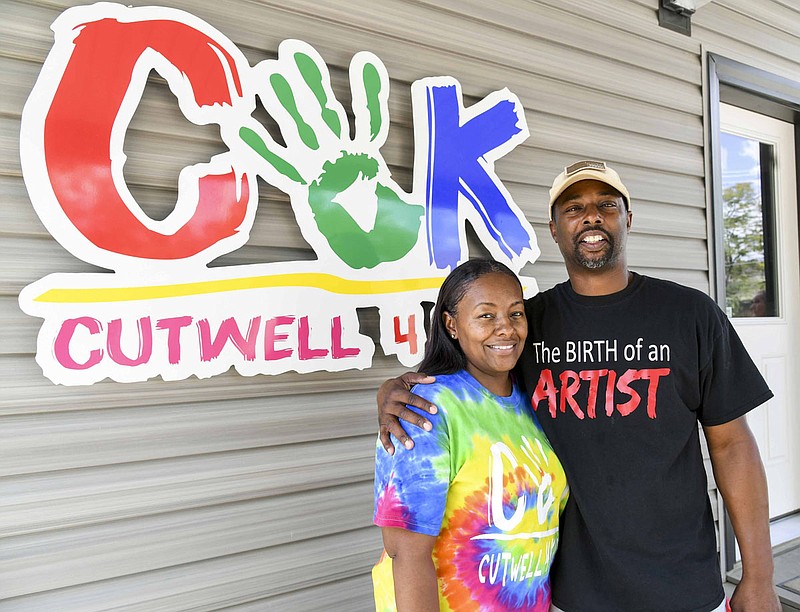 Chandra, left, and Anthony Tidwell at the Cutwell 4 Kids ribbon cutting on July 30, 2019. C4K’s annual “The Birth of an Artist” show will be held virtually tonight. - File photo by Grace Brown of The Sentinel-Record