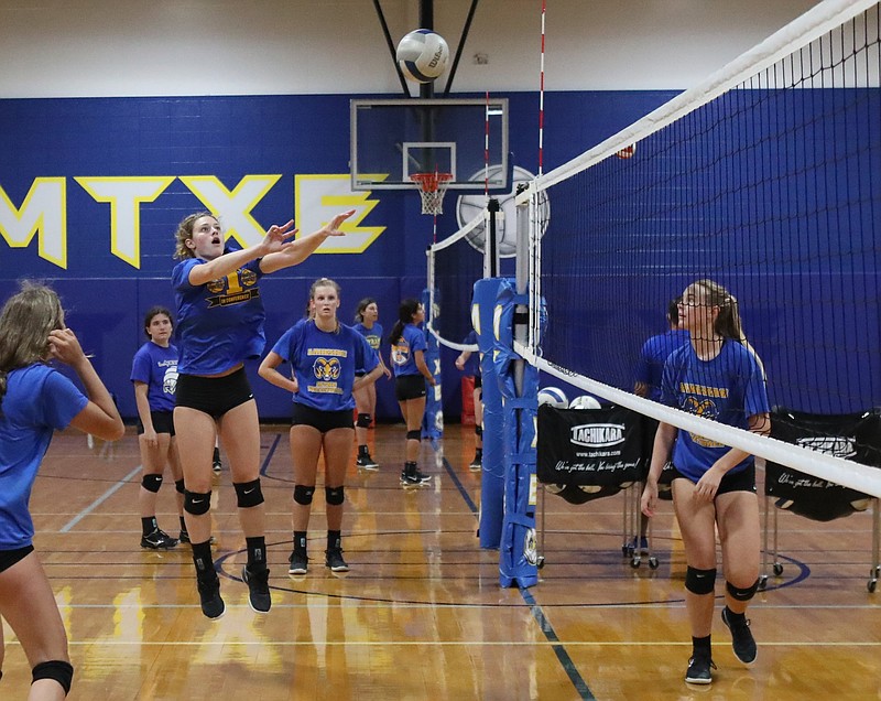 Volleyball players at Lakeside get their first taste of practice for the season Monday, Aug. 3. - Photo by Richard Rasmussen of The Sentinel-Record