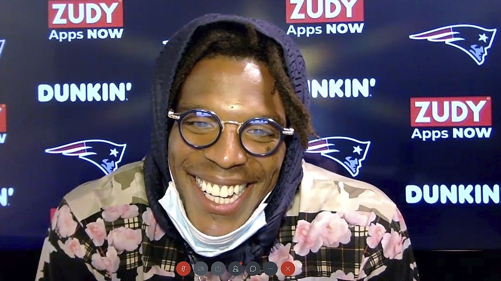 In this still image from a Webex media availability hosted by the New England Patriots, quarterback Cam Newton responds to a question, Friday, Aug. 7, 2020, in Foxborough, Mass. (New England Patriots via AP)