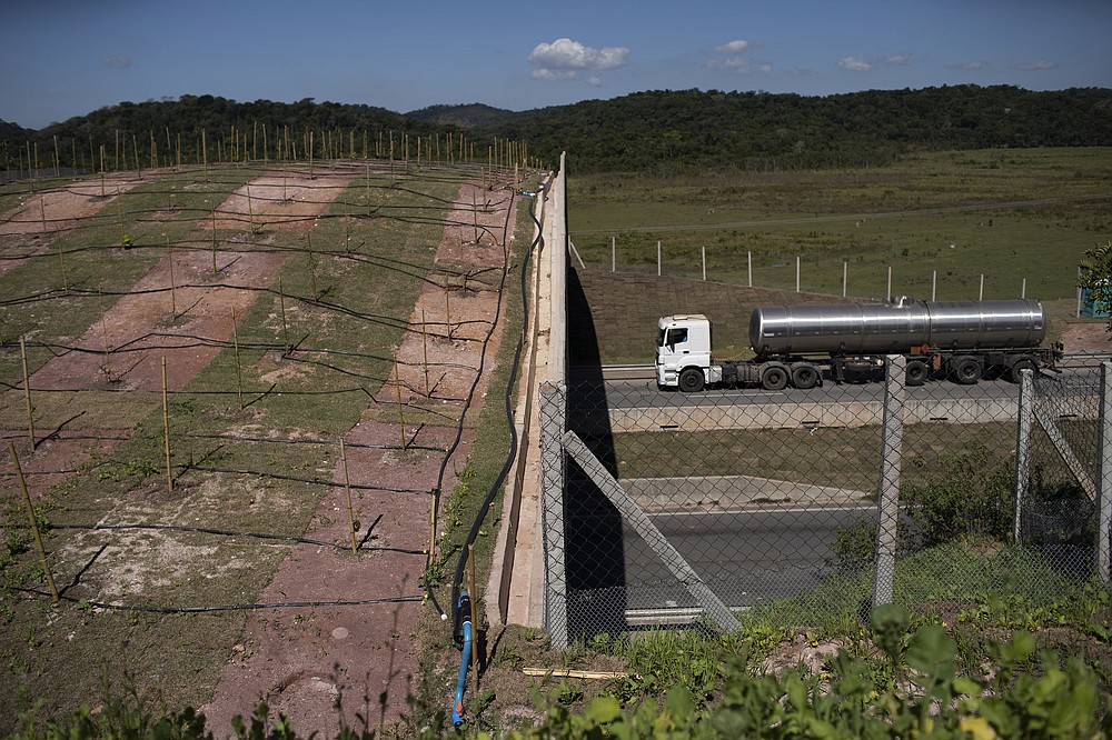 An eco-corridor for the endangered Golden Lion Tamarin crosses over an interstate highway in Silva Jardim, Rio de Janeiro state, Brazil, Thursday, Aug. 6, 2020. Once recently planted trees grow on the bridge, it will allow the primates to safely cross the busy highway bisecting one of the last Atlantic coast rainforest reserves. (AP Photo/Silvia Izquierdo)