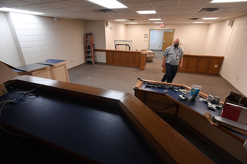 Jimmy Walden, Benton County custodial and maintenance supervisor, shows renovations being done for a temporary court space for new Benton County Judge Christine Horwart Wednesday August 5, 2020. The county is also working on an expansion at the Road Department shop. (NWA Democrat-Gazette/J.T. Wampler)