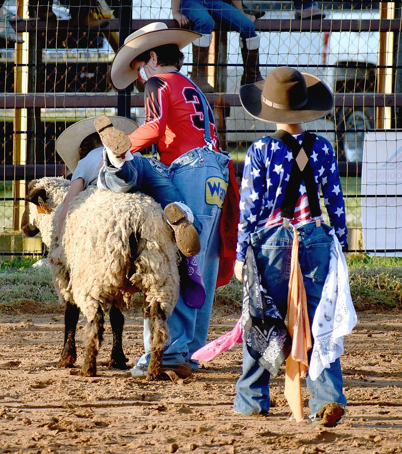 MARK HUMPHREY  ENTERPRISE-LEADER/Tatum Perkins, 11, helps a young cowgirl get off after a successful mutton busting ride Saturday while his younger brother, Tripp Perkins, moves in to help. The boys are sons of Charlie and Christy Perkins of Farmington and grandsons of legendary rodeo clown Woody Porter.