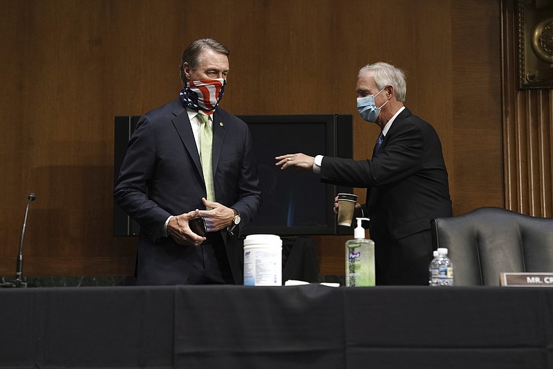 Sen. David Perdue, R-Ga., speaks to Sen. Ron Johnson, R-Wis., before a Senate Foreign Relations committee hearing on the State Department's 2021 budget on Capitol Hill Thursday, July 30, 2020, in Washington. (Greg Nash/Pool via AP)