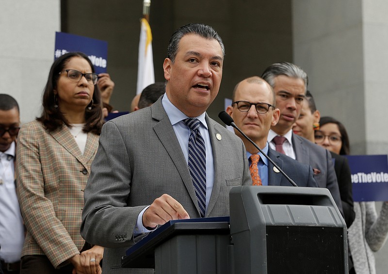 FILE - California Secretary of State Alex Padilla talks during a news conference Monday, Jan. 28, 2019, at the Capitol in Sacramento, Calif.  “It is appalling that Congress has not provided the needed resources for state and local elections officials during the COVID-19 pandemic,” said Padilla. “Elections officials’ ability to fill the gap is nearly impossible given the already strained state and local government budgets.”(AP Photo/Rich Pedroncelli, File)