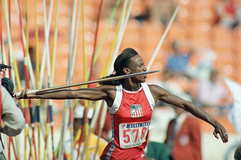 Jackie Joyner-Kersee, of East St. Louis, Ill., makes her javelin throw on Sept. 24, 1988, during the heptathlon competition at the Seoul Olympics in South Korea. - Photo by Lennox McLendon of The Associated Press