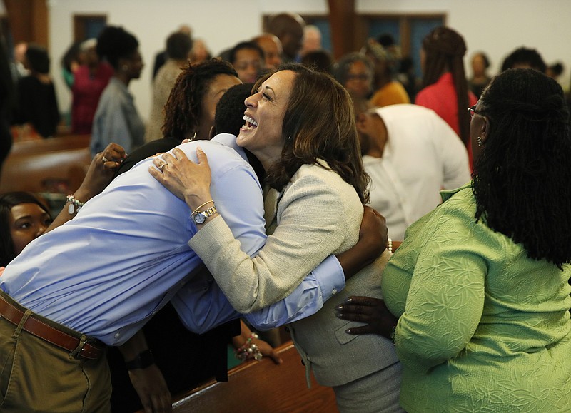 Sen. Kamala Harris (D-Calif.) meets people before a Corinthian  Baptist Church service on Aug. 11, 2019, in Des Moines, Iowa. Harris, chosen Tuesday as Joe Biden’s running mate, attended services at a Black Baptist church and a Hindu temple growing up.
(AP/John Locher)