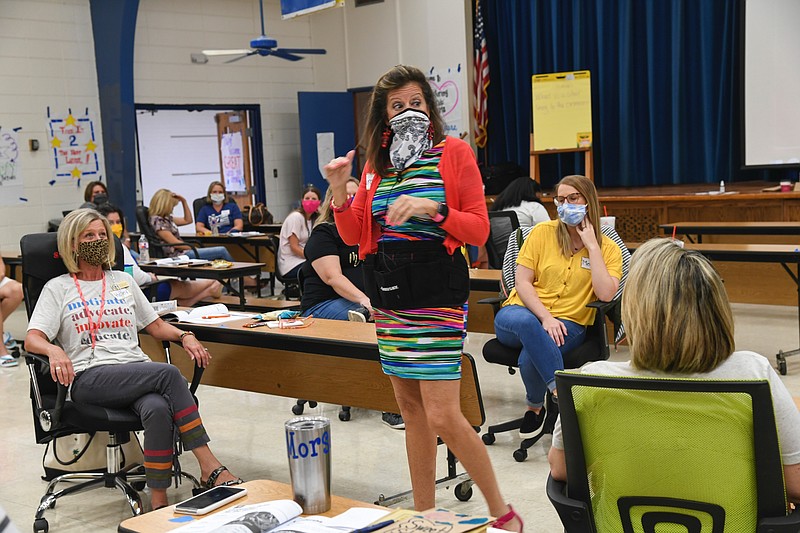 Laura Wagner, leadership development adviser, with the Flippen Group, speaks to Lakeside Intermediate teachers during a presentation called “Capturing Kids’ Hearts” on Wednesday. The program is designed to help focus on children and staff’s socio-emotional needs. - Submitted photo