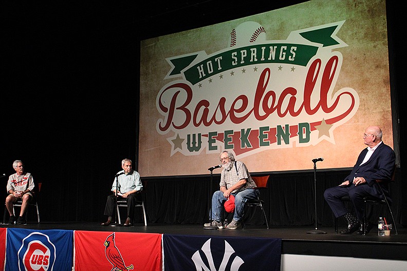 From left, baseball historians Jim Kreuz, Don Duren, Mark Blaeuer and Tim Reid speak about the history of baseball in Hot Springs during the Third Annual Hot Springs Baseball Weekend. - Photo by Tanner Newton of The Sentinel-Record